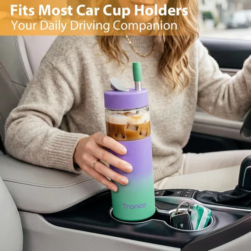 Vista 4 de Tronco Vaso de vidrio de 24 onzas con tapa y popote, taza de café helado, taza de batido con tapa de silicona para té Boba, hogar, oficina, viajes