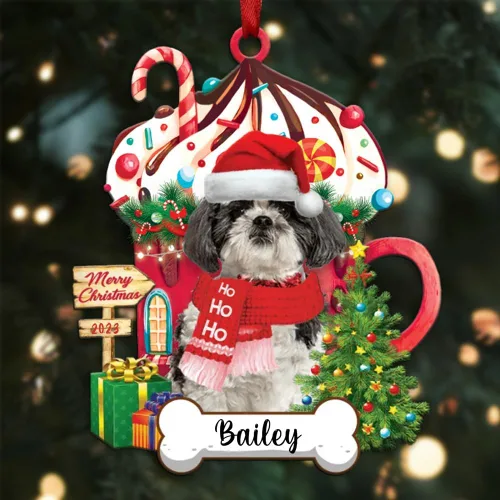 Vista 135 de Akita1 - Adorno personalizado para perro, adorno de perro con nombre personalizado, plano impreso en 2D, acrílico colgante, Papá Noel y perro