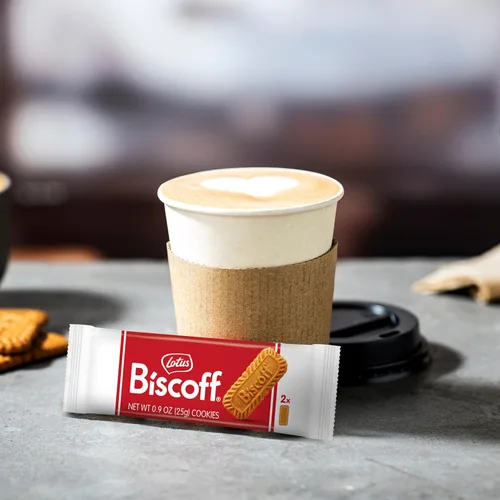 Vista 8 de Lotus Biscoff Cookies, aperitivo de galletas caramelizadas, caja dispensadora (20 fundas de 2 galletas extra grandes) vegano, 0.9 onzas
