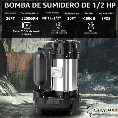 Vista 2 de LANCHEZ 1/2 HP 5200 GPH Bomba sumergible de sumidero de hierro fundido y acero inoxidable con interruptor de flotador vertical integrado, bomba