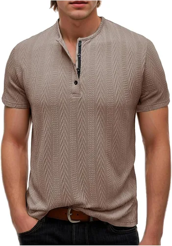 Vista 4 de Men's Knit Henley Shirts Jacquard Texture Fashion Golf Tops Summer Button Down Short Sleeve Casual Workout T-Shirts
