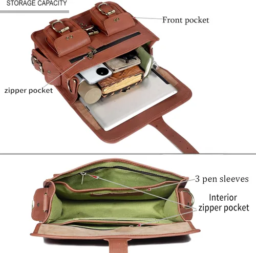 Vista 6 de cuero Bolsa de mensajero de cuero para hombres y mujeres, 12 pulgadas para laptop, bolsa cruzada de cuero vintage hecha a mano, unisex, maletín