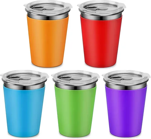 Vista 10 de Tazas para niños con tapas y pajitas, 5 paquetes mejorados de 350 ml de acero inoxidable irrompibles con funda colorida, tazas a prueba de derrames