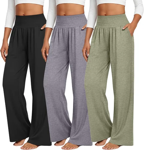 Vista 93 de Neer - Conjunto de 3 pantalones de yoga de pierna ancha para mujer - Pantalones deportivos cómodos, holgados, de cintura alta y casuales