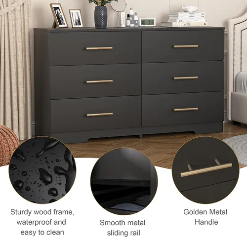 Vista 12 de Spaco Cómoda negra de 6 cajones con mango dorado, cómoda moderna de 6 cajones profundos para dormitorio, cómoda de almacenamiento para armario, sala