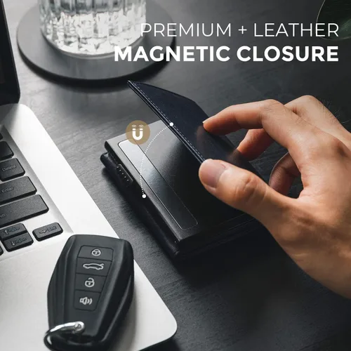 Vista 5 de VULKIT Cartera con tarjetero para hombre, con cierre magnético, bloqueo RFID, billetera de cuero triple, marino, Moderno