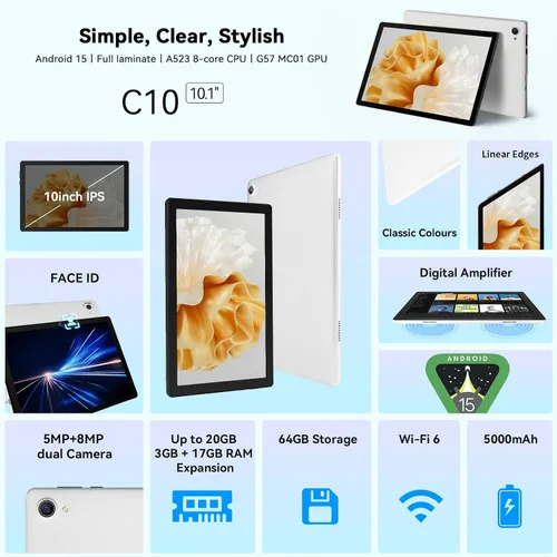 Vista 2 de Tableta, tableta Android de 10 pulgadas con Ocata Core, 64GB ROM+1TB Expand, 1280x800 HD IPS pantalla táctil, 5000mAh, 120Hz, 5MP+8MP, Widevine L1