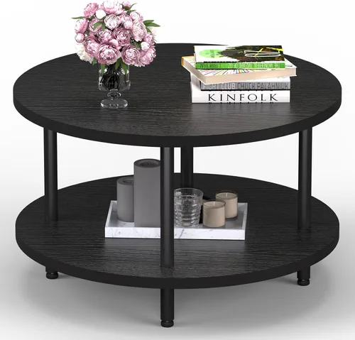 Vista 17 de Mesa de Café FAMIDGE, Mesas de Café de 23.6" para Sala de Estar, Mesa de Café Redonda con Marco de Metal, Mesa de Piso para Sentarse en el Suelo