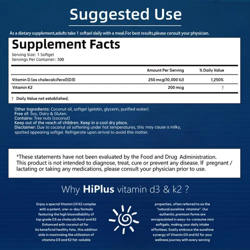 Vista 2 de Vitamina D3 10,000 UI + K2 200 mcg, 300 cápsulas blandas Aceite de coco Apoyo 2 en 1 para huesos, inmunes y cardíacos Fácil de tragar, sin OMG