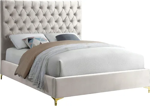 Vista 12 de Meridian Furniture Colección moderna Cruz Cama tapizada de terciopelo contemporánea con acolchonamiento de botones profundos y juegos completos
