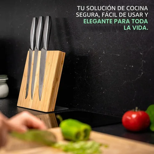 Vista 4 de Coninx Soporte magnético para cuchillo con potente imán, soporte de guarda de madera de bambú, bloque organizador sin cuchillos Bambú natural
