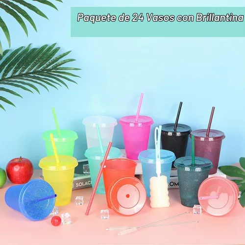 Vista 2 de 24 Piezas Vasos de Plástico con Tapas y Pajitas, Vasos Reutilizables con Tapas Vasos Coloridos de Plástico para Fiesta de Cumpleaños, Taza de Café