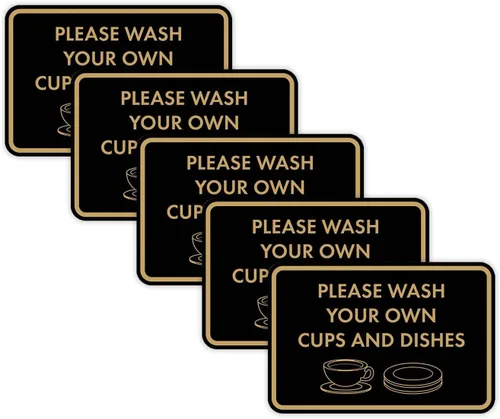 Vista 56 de Letrero clásico enmarcado con texto en inglés «Please Wash Your Own Cups and Dishes» (negro)