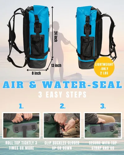 Vista 7 de TACTIKO Mochila resistente 100% impermeable, bolsas secas enrollables para kayak, senderismo, campamento, supervivencia