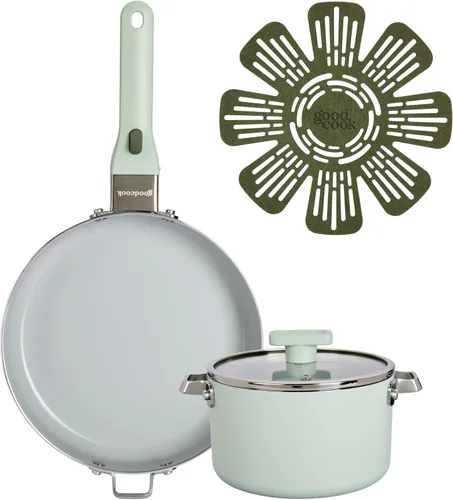 Vista 15 de GoodCook Sartén de cerámica con mango y tapa extraíbles, compatible con inducción, antiadherente y apta para horno, 3 cuartos de galón, verde salvia