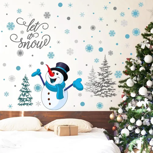 Vista 7 de Soaoo 63 calcomanías de pared de invierno, calcomanías de copos de nieve, calcomanías extraíbles de muñeco de nieve de Navidad, arte de pared
