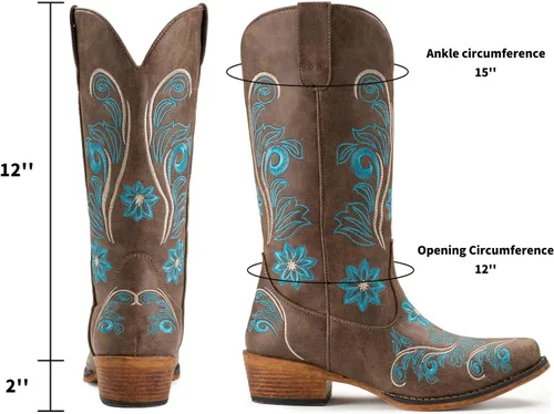 Vista 6 de IUV Botas vaqueras para mujer, botas occidentales de media pantorrilla, pestañas sin cierre, botas puntiagudas
