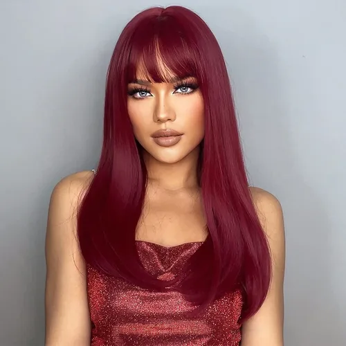 Vista 8 de Pelucas de cabello humano lacio hechas a máquina con flequillo, color borgoña #99J, sin pegamento, hechas a máquina, sin encaje frontal
