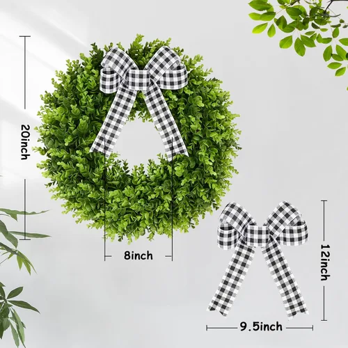 Vista 2 de Vlorart - Corona de boj artificial de 20 pulgadas, corona de puerta delantera con decoración de primavera y verano, con un lazo y una faja