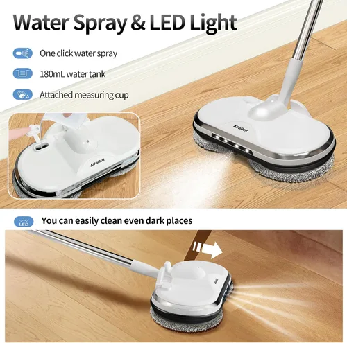 Vista 3 de Mopa Eléctrica, AlfaBot WS-24 Mopa Giratoria Inalámbrica para Limpieza de Pisos, Limpiador de Pisos Ligero y Recargable con Pulverizador de Agua