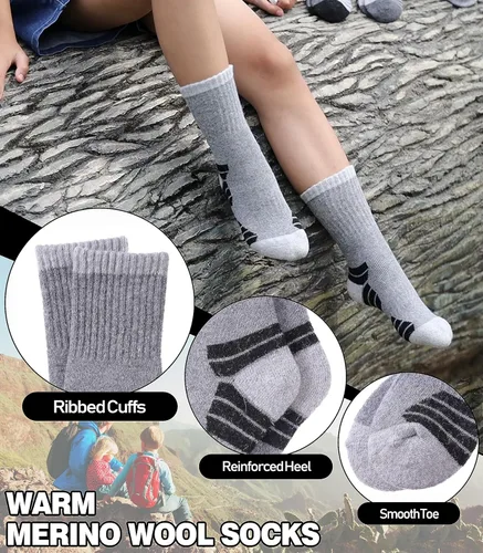Vista 2 de LINEMIN Calcetines de senderismo de lana merino para niños y niñas, cálidos, gruesos, térmicos, acolchados, para invierno, 6 pares