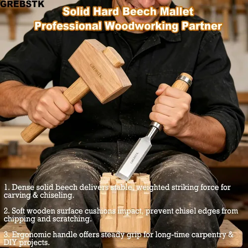 Vista 3 de GREBSTK Polished Solid Beech Wood Mallet for Home Bartending & Workshop Polished oiled finish, stain & moisture resistant, wipes clean with ease