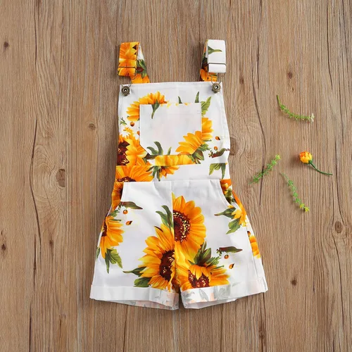 Vista 6 de Overol con estampado de girasol para niña pequeña, pantalones cortos con tirantes y bolsillo, ropa de verano