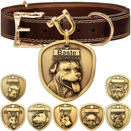 Vista 26 de Collar de cuero auténtico para perro + Juego de etiqueta para perro bulldog con relieve 3D (XS-S)