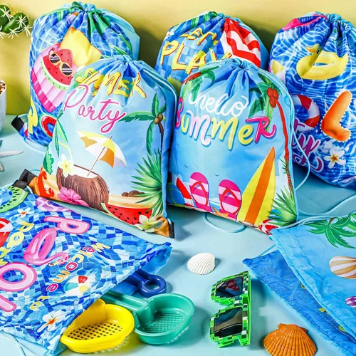 Vista 6 de Hosuly 24 bolsas de verano para fiesta en la piscina, bolsas con cordón, mochilas hawaianas, decoración de fiesta de piscina, bolsas de regalo