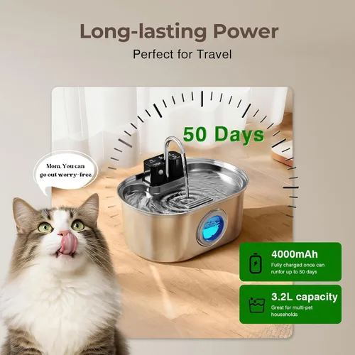 Vista 6 de PEKTACO Fuente de agua inalámbrica para gatos de acero inoxidable, de 108 oz/3.2 L, fuente de agua para mascotas sin cables operada por batería
