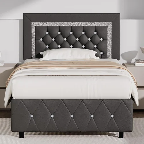 Vista 10 de BarnFurin Base de cama individual con cabecero, cama tapizada con diseño capitonado de diamante, marco de cama para niños con soporte de listones