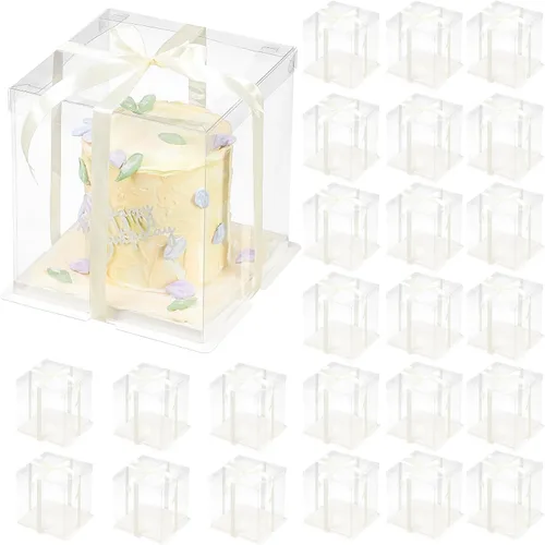 Vista 12 de 24 cajas de regalo transparentes con cinta de 2 capas de 6.7 x 6.7 x 7.8 pulgadas, caja transparente para tartas con tapas, cajas de embalaje