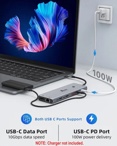 Vista 5 de Estación de acoplamiento USB C 13 en 1, monitor doble, pantalla triple, 8 puertos USB C/A, Ethernet, audio, concentrador USB C LIONWEI para MacBook