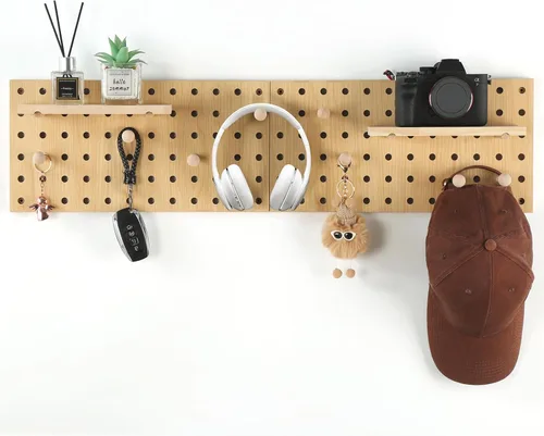 Vista 9 de Tablero de Clavijas de Madera Beige Expositor Modular Tablero de Clavijas de Madera Combinación Organizador de Pared Almacenamiento Ganchos de Pared