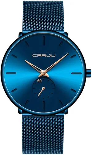 Vista 12 de CRRJU Reloj de cuarzo analógico delgado para hombre, reloj de pulsera con esfera negra con correa de malla