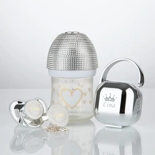 Vista 2 de Lujoso juego de 3 chupetes de bebé y biberón personalizados con nombre para niño y niña, 0-6 meses, 6-18 meses, regalo de baby shower, juego