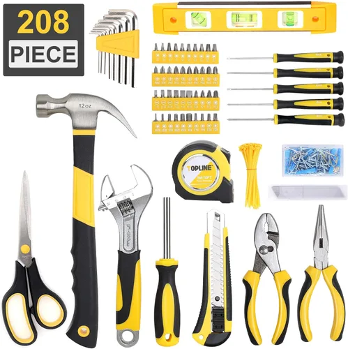 Vista 7 de TOPLINE Kit de herramientas básicas para el hogar de 208 piezas con bolsa redonda de fácil transporte, herramientas manuales para el hogar, juego