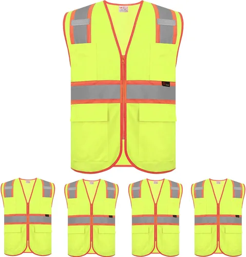 Vista 7 de zojo Chalecos de seguridad de alta visibilidad con cremallera y bolsillos, 5 paquetes, chaleco reflectante al por mayor para trabajos al aire libre