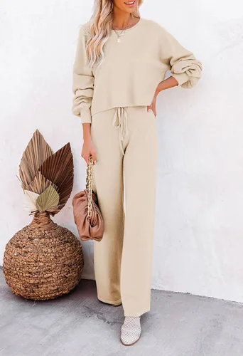 Vista 2 de Pink Wind Conjunto de suéter de 2 piezas para mujer, cuello redondo, pantalones de pierna ancha, trajes de sudadera de punto