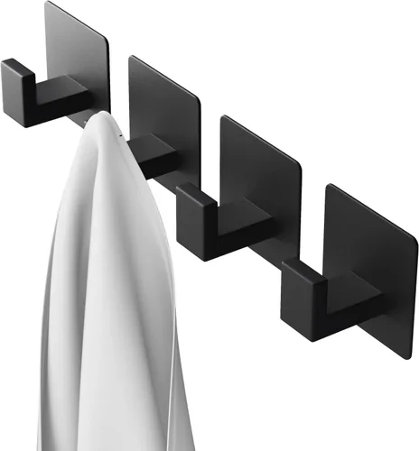 Vista 6 de PMMASTO Ganchos adhesivos para toallas, paquete de 2 ganchos de pared de aluminio, gancho de ducha para baño, dormitorio y cocina, color negro
