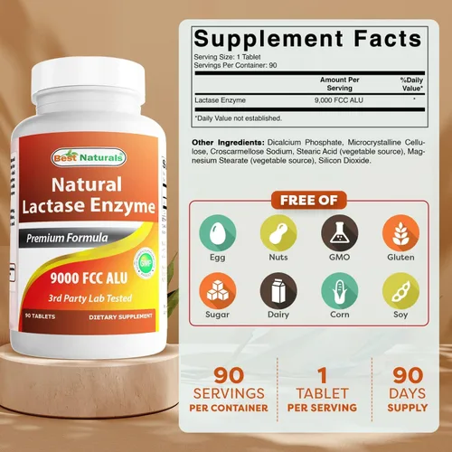 Vista 2 de Best Naturals Tabletas de alivio de intolerancia a la lactosa con enzima lactasa natural, lactasa de acción rápida de alta potencia, 9000 ALU FCC
