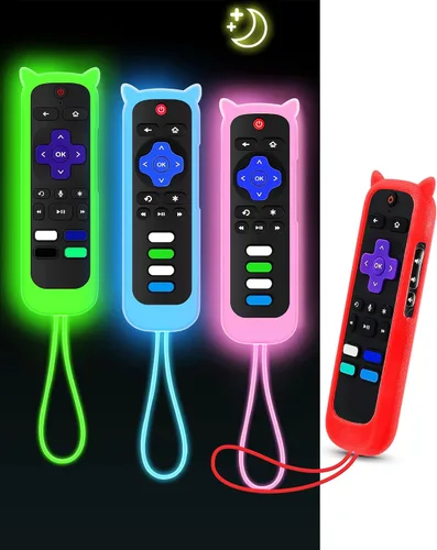 Vista 15 de ONEBOM - Juego de 2 fundas para control remoto Roku con diseño de orejas de Azul resplandor y rosa brillante
