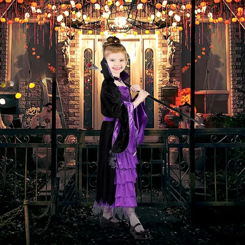 Vista 6 de ThinkMax Disfraz de bruja de cuento de hadas de Halloween para niñas vestido de bruja de Halloween negromorado