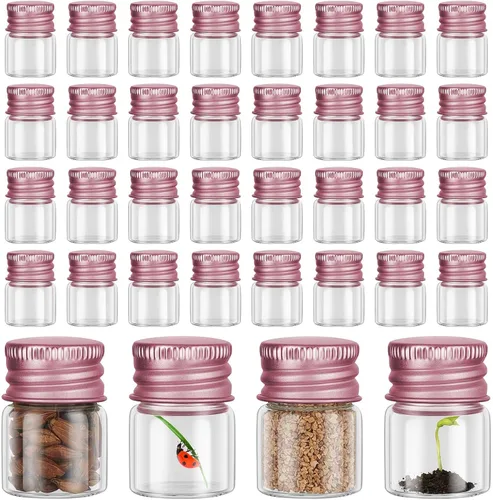 Vista 14 de Tessco for you 100 piezas botellas de vidrio mini de 5 ml (0.17 onzas líquidas) con tapa de aluminio, frascos pequeños, frascos de vidrio mini Dorado