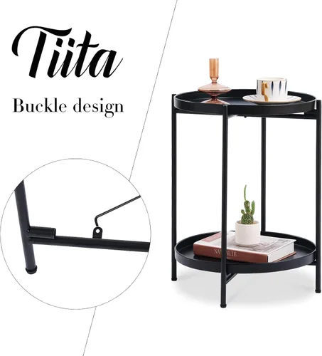 Vista 10 de Tiita 2 Pack Mesa Auxiliar Redonda Mesa de Centro Mesa Lateral de 2 Niveles Mesa de Noche/Mesa de Acento Pequeña de Hierro Mesa de Café para Sala