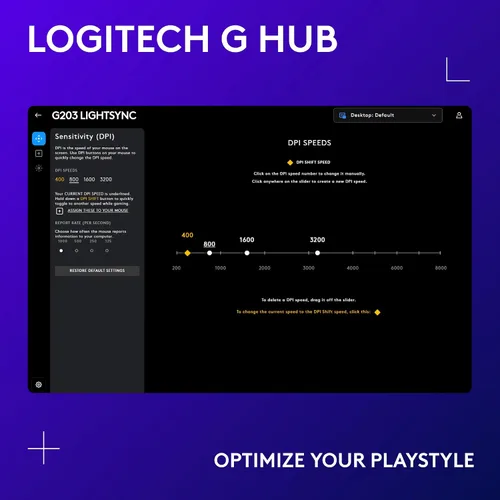 Vista 7 de Logitech G203 - Mouse para juegos con cable, 8,000 DPI, efecto óptico arcoíris LIGHTSYNC RGB, 6 botones programables, memoria integrada, mapeo