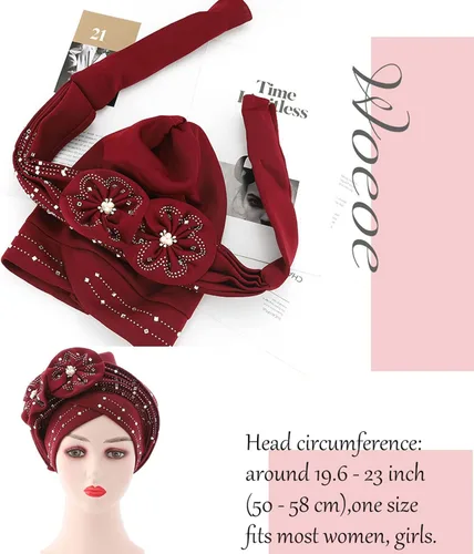 Vista 2 de Woeoe Gorro para la cabeza con diamantes de imitación negros, bufanda para la cabeza con perlas de flores, turbante para mujeres y niñas, Color-1
