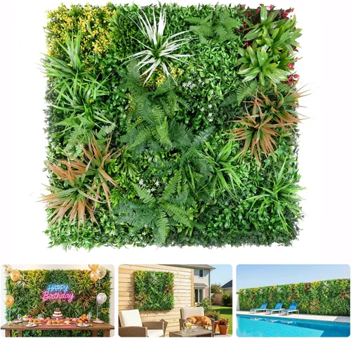 Vista 10 de Fondo de pared de césped artificial de 40 x 40 pulgadas, paneles de plantas falsas para pared verde UV-Anti Greenery Backdrop Wall, Faux Boxwood