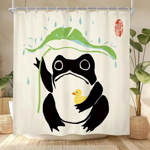 Vista 40 de Juego Divertido de Cortina de Rana Retro para Ducha, Juego de Baño 48x71 Pulgadas, Estilo Asiático Lindo, Arte Japonés Tradicional de Pato de Goma