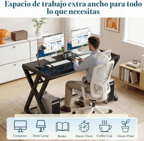 Vista 6 de SAMERY Escritorio para computadora, escritorio de oficina en casa, 55.1 pulgadas, moderno y simple, escritorio de vidrio negro, mesa de computadora
